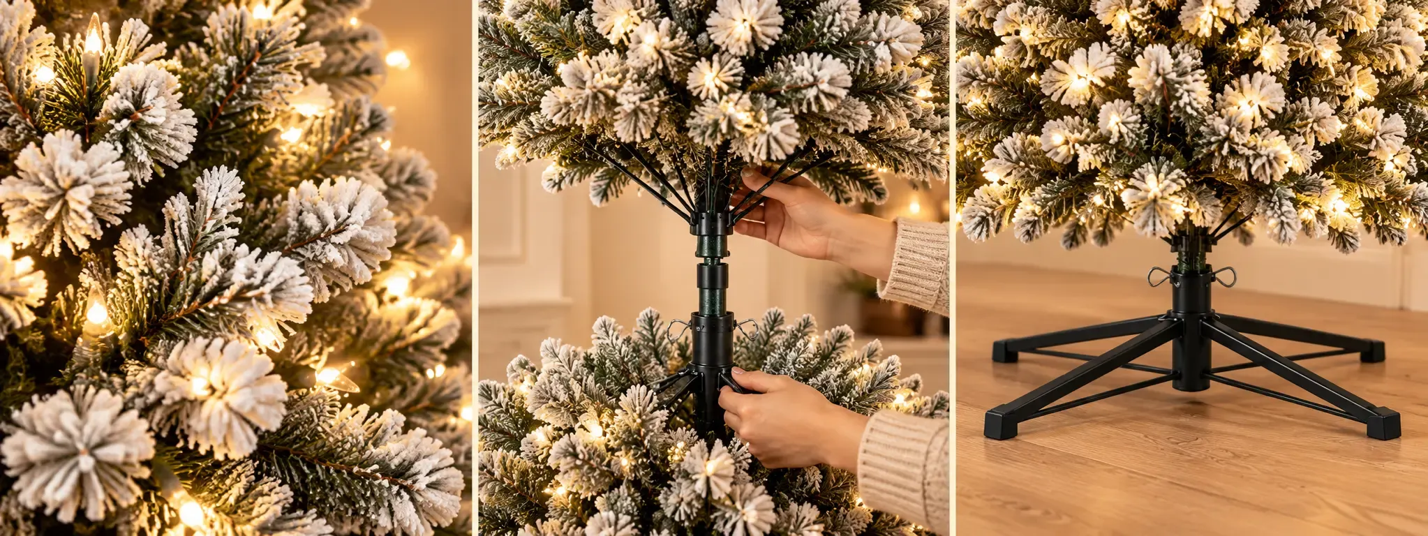 Close-up of flocked foliage, hinged assembly and metal stand