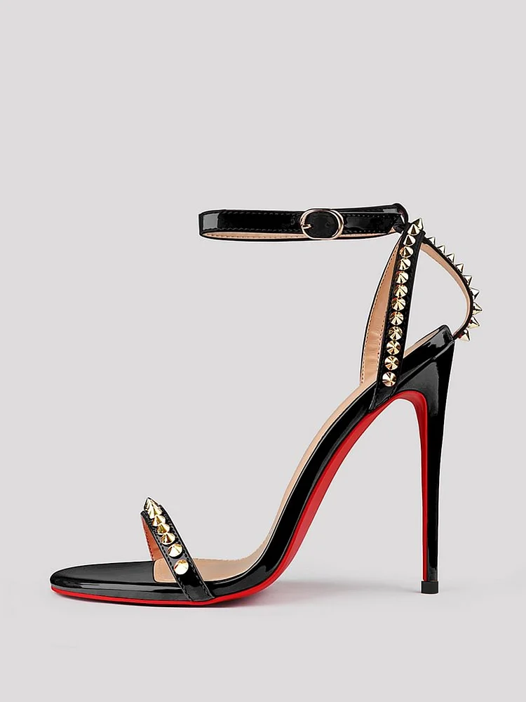 120mm/10mm Women's  Patent Open Toe Sandals Stiletto Red Bottom High Heels Ankle Strap Rivet Studs Shoes