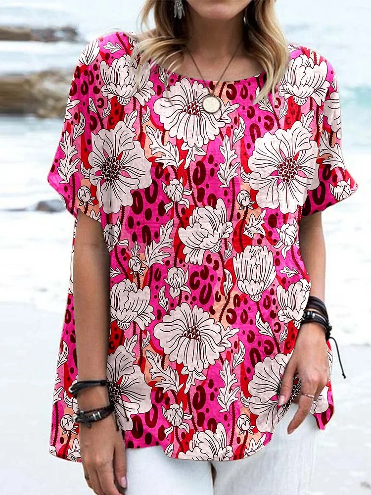 Women's Floral Art Print Linen Casual Top