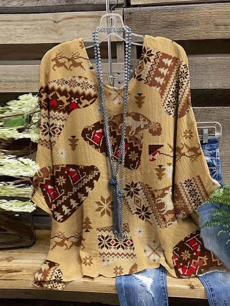 Women's Vintage Christmas Art Printed Half Sleeved Top