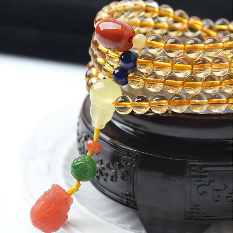 Natural Citrine Amber 108 Mala Beads Peace Buckle Red Agate PiXiu Protection Charm Bracelet
