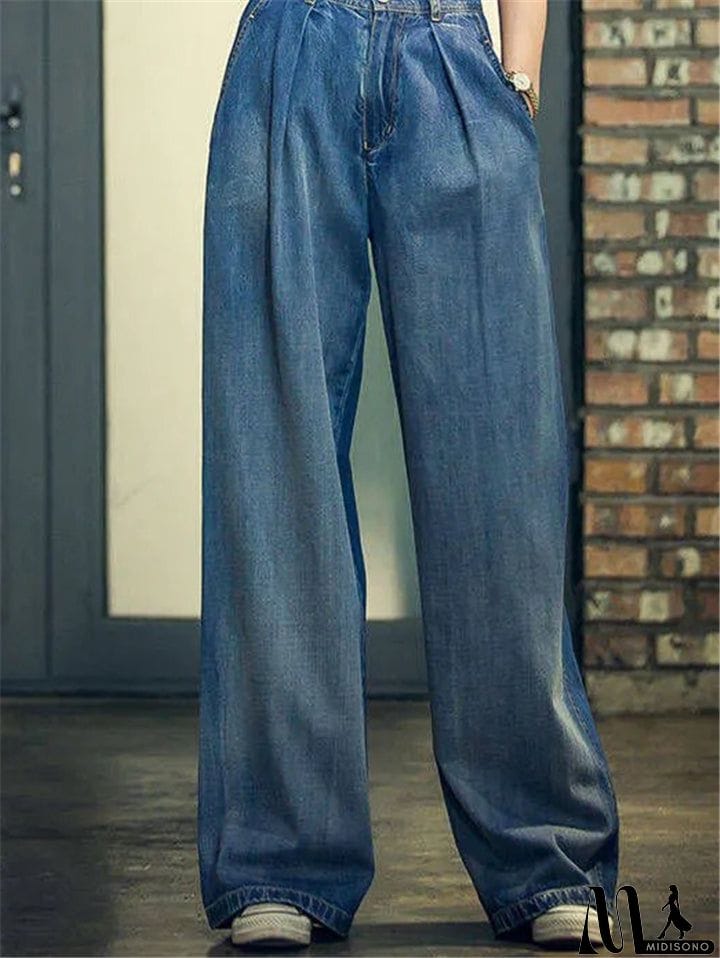 MidiSono - Women's Stitching Stonewashed Effect Wide-Leg Pocket Jeans