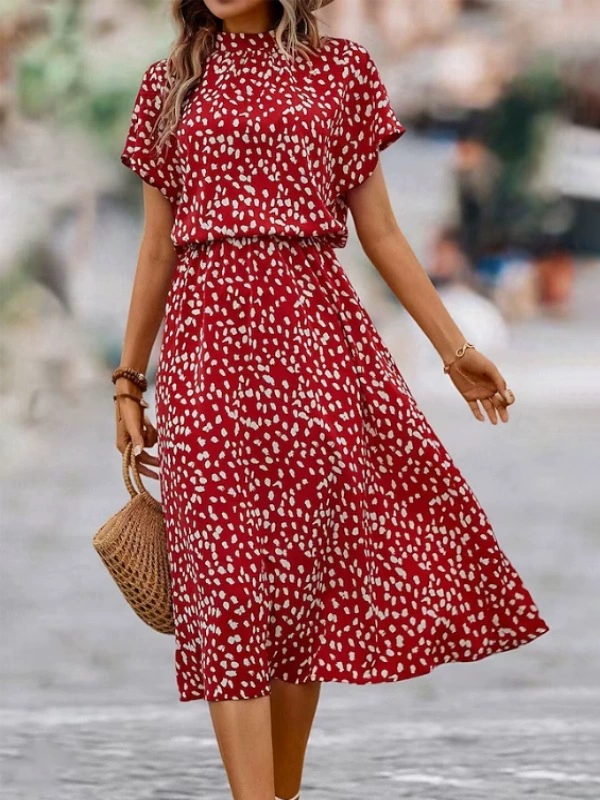 Women's Half Turtle Neck New Waist Retro Print Dress