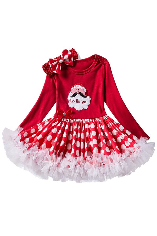 Cute Long Sleeve Bowknot Christmas Santa Print Kids Girls Dress Red-elleschic