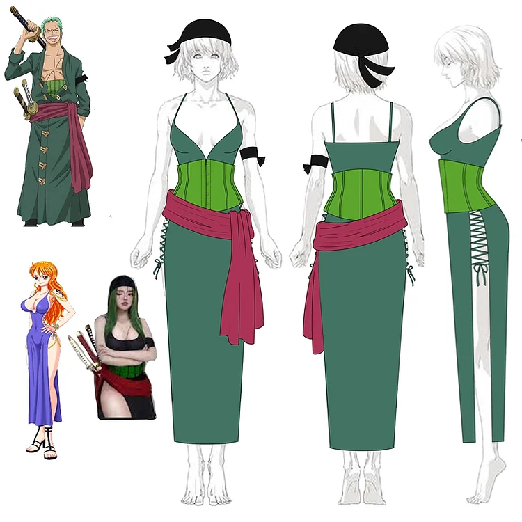 Anime Roronoa Zoro Green Sexy Strappy Dress Cosplay Costume