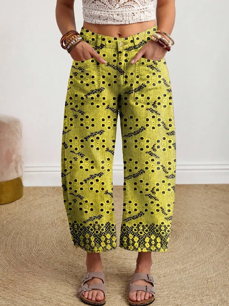 Women's Vintage-style Textured Art Print Casual Cotton Trousers With Pockets.