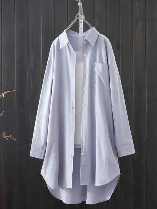 High-Low Long Sleeves Solid Color Lapel Shirts Tops