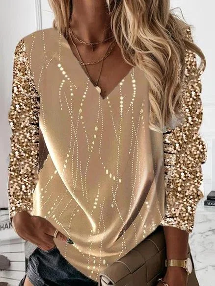Women's Long Sleeve V-neck Graphic Printed Stitching Top