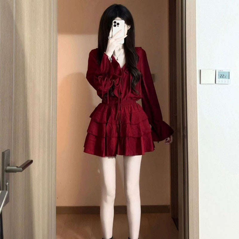 leapord halloween outfit French Style White Red Lace V-neck Ruffled Suit Women's Spring High Waist Cake Short Skirt Temperament Two-Piece Set