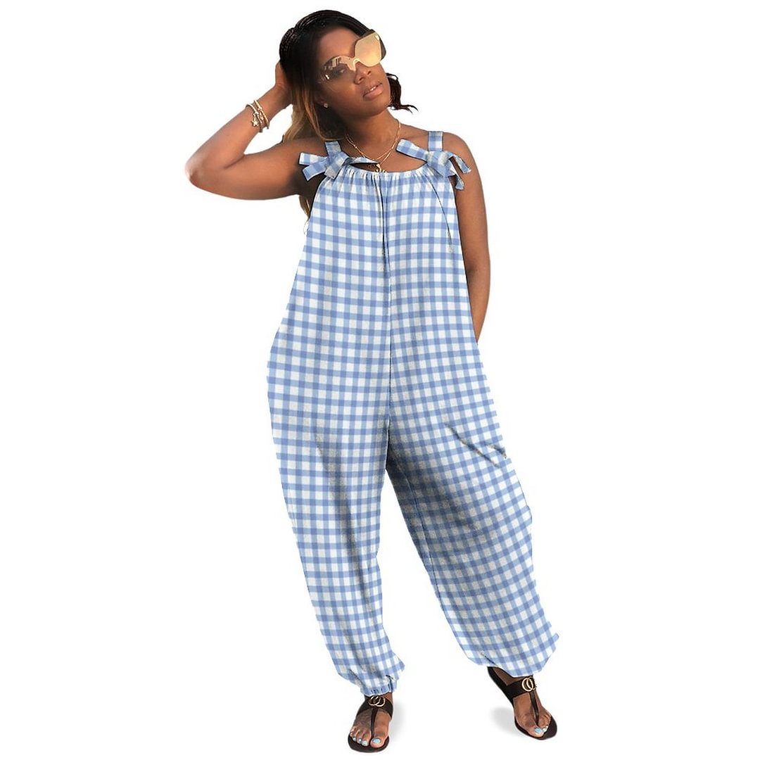 Pastel Blue Gingham Check Pattern Boho Vintage Loose Overall Corset Jumpsuit Without Top