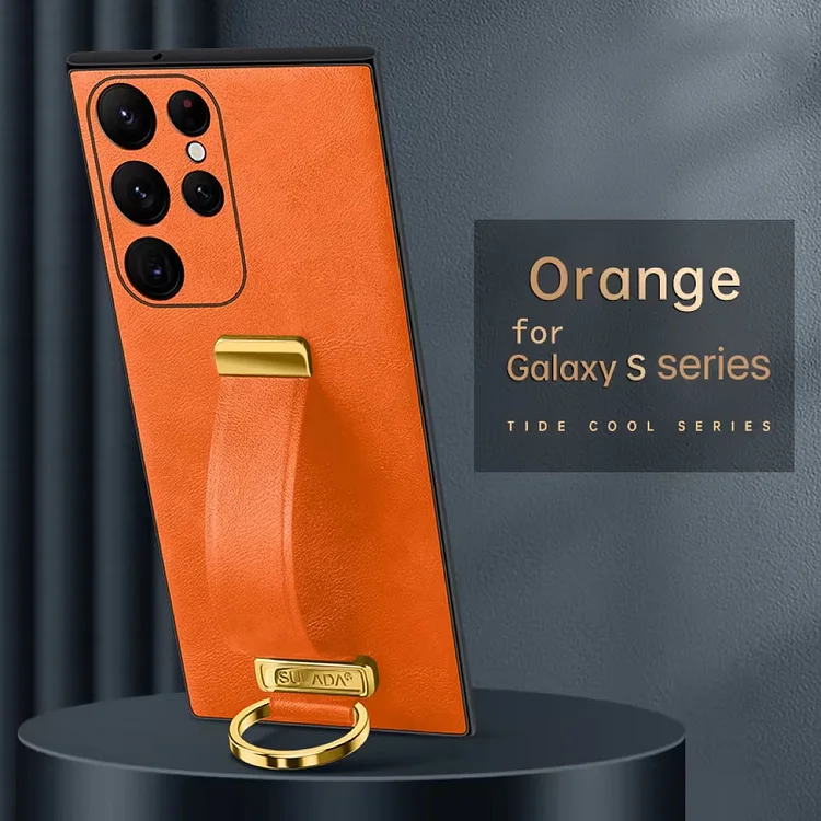 Samsung Galaxy S series mobile phone case luxury leather case with portable wrist strap and metal ring for footstool