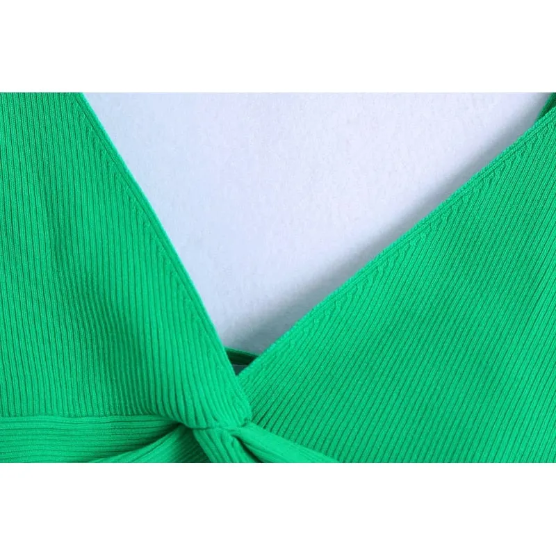 SLMD Stylish Chic Green Ribbed Knot Knitted Camis Tops Women 2021 Fashion Sexy V-neck Strap Tops Female Elegant Camisoles