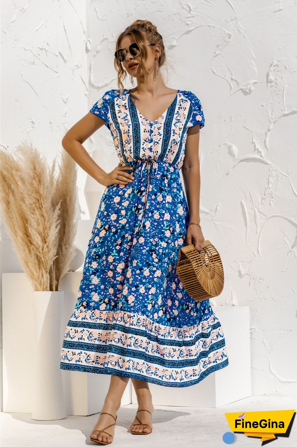 Short Sleeve V Neck Floral Maxi Dress