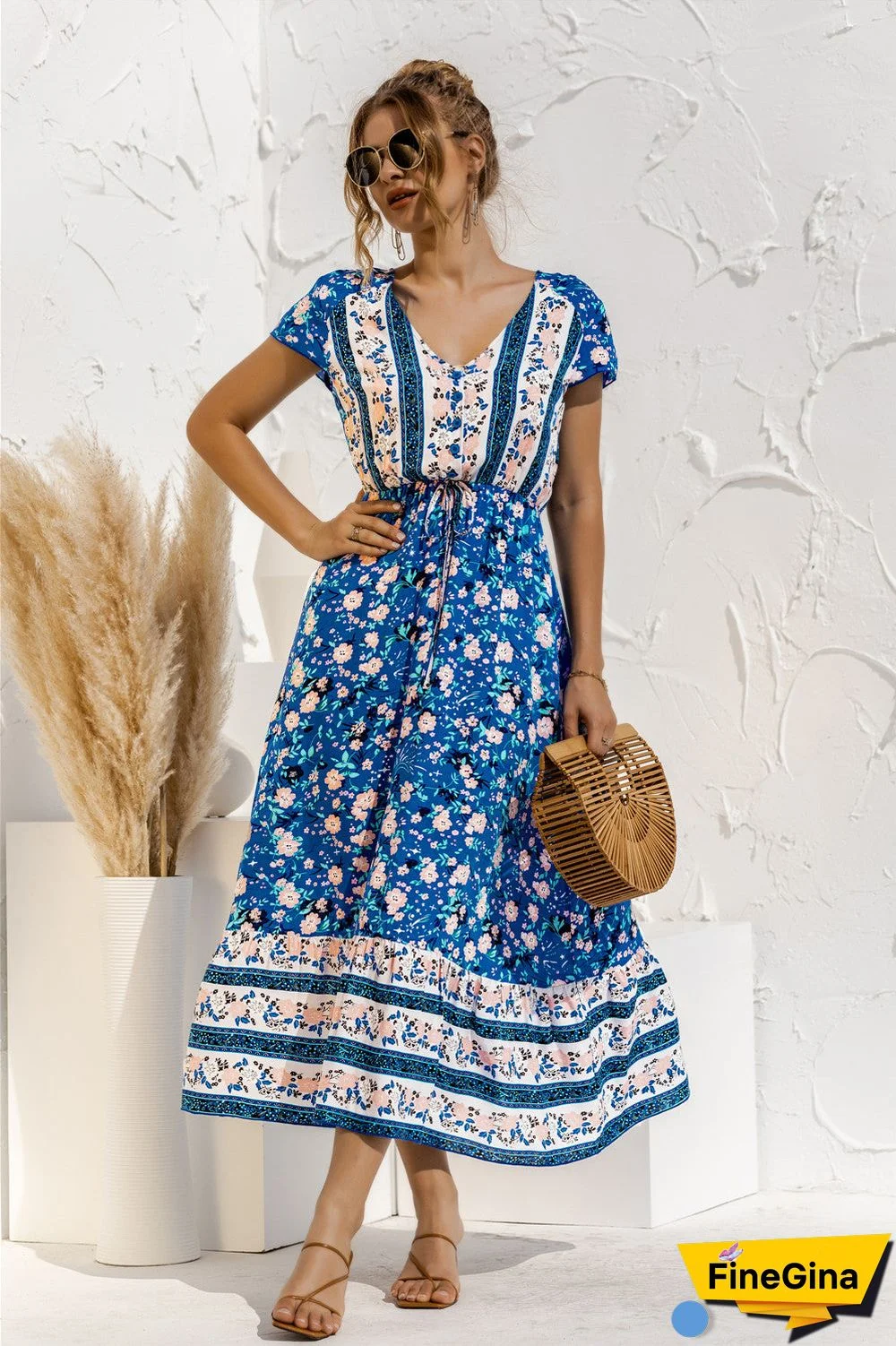 Short Sleeve V Neck Floral Maxi Dress