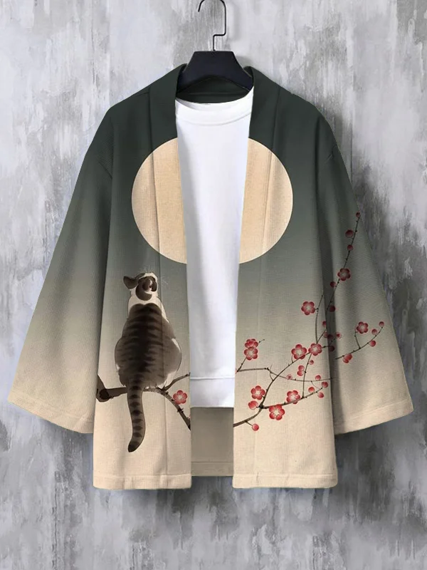 Men's Night Cherry Blossom Tree Cat Print Casual Kimono Cardigan