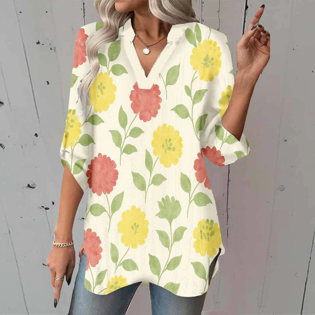 Women Flowers, Yellow, Red DZGA0382 3/4 Sleeve V-neck Printed Graphic Button Tops