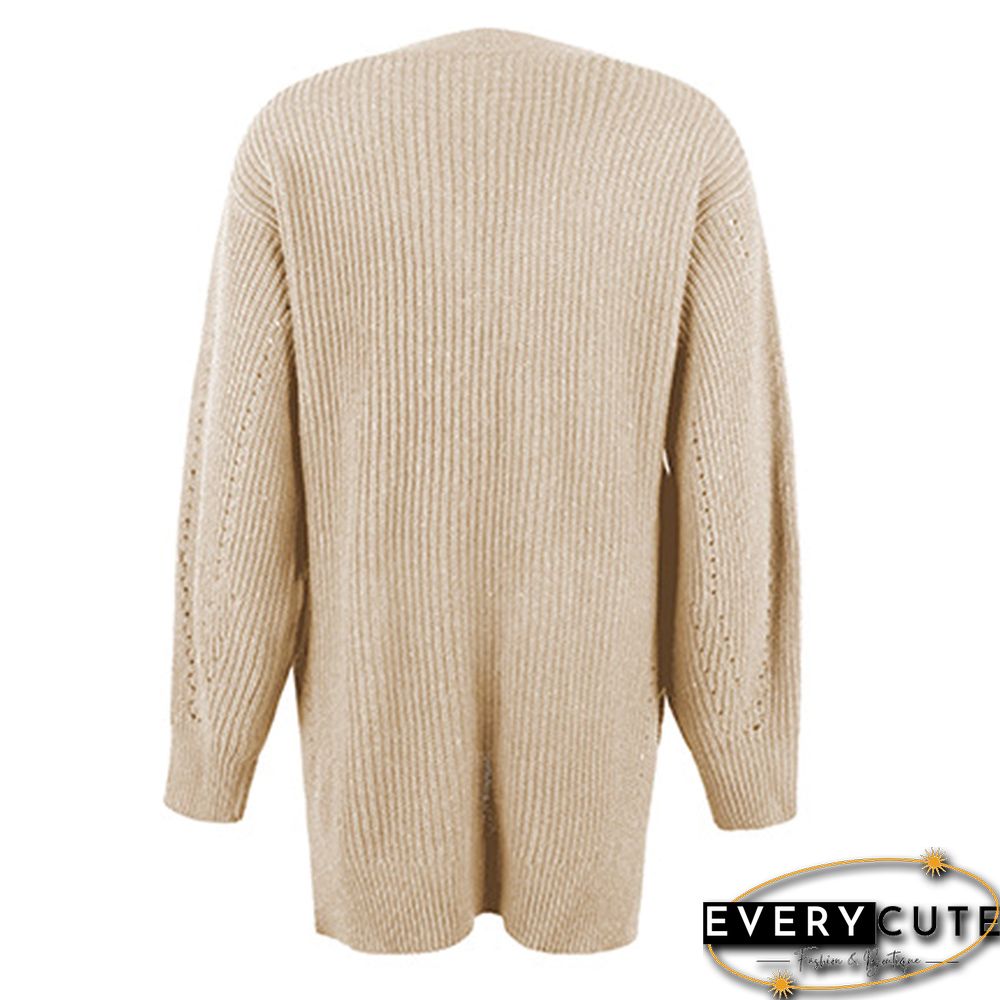 Khaki Hollow-out Button Split Cardigan