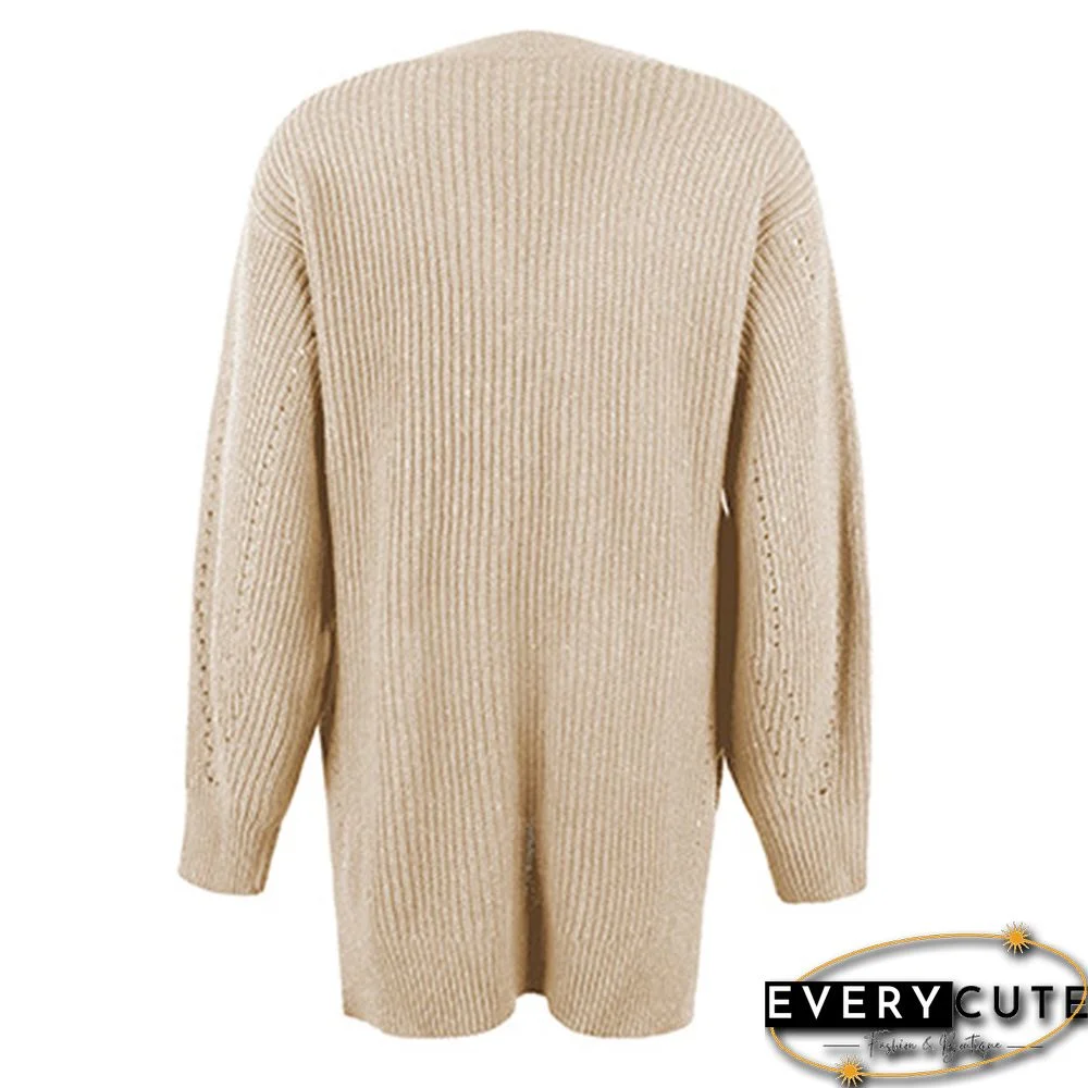 Khaki Hollow-out Button Split Cardigan