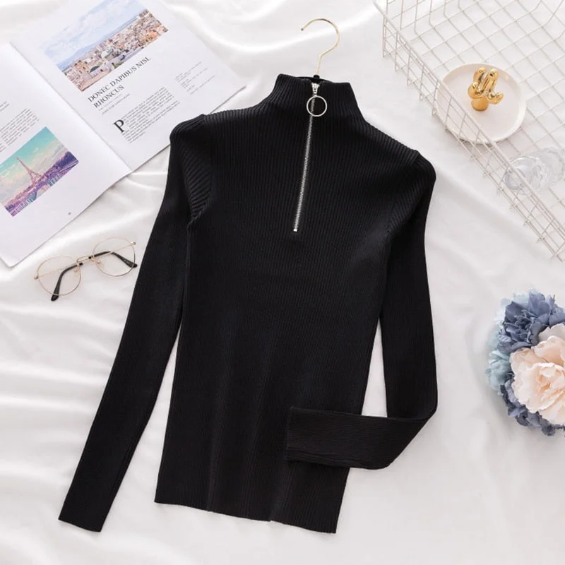 Women Office Lady Front Zipper Slim Knitted Sweater Long Sleeve Stand Collar Solid Casual Pullover 2021 Autumn Winter New Tops
