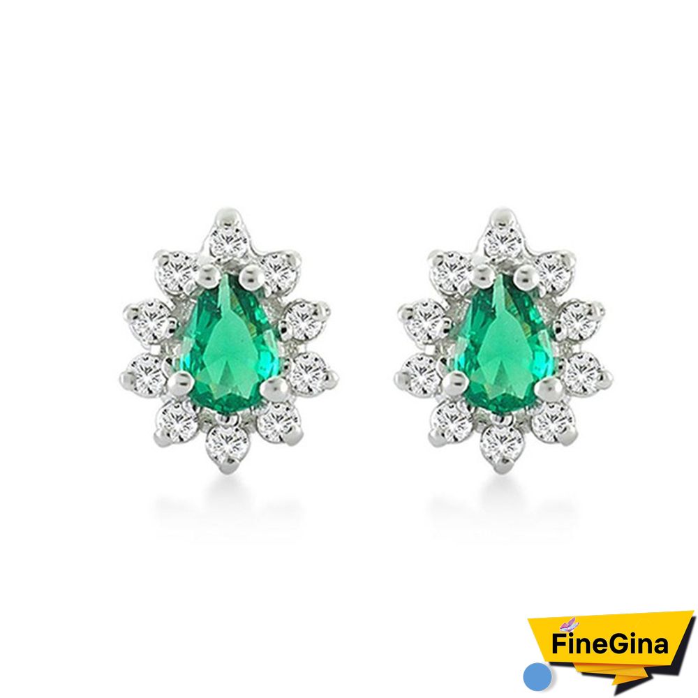 Small Emerald Stud Earrings In 14k Solid Gold with Genuine Diamond/Dainty Pave Diamond Drop Studs for Women/Wedding Jewelry