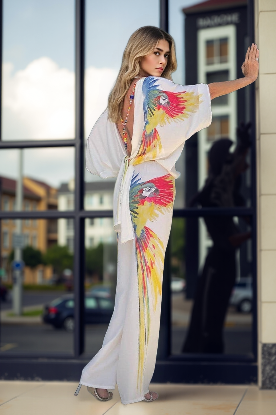 Silk loose floral print Backless shirt & pants & kimono three-piece set  8851
