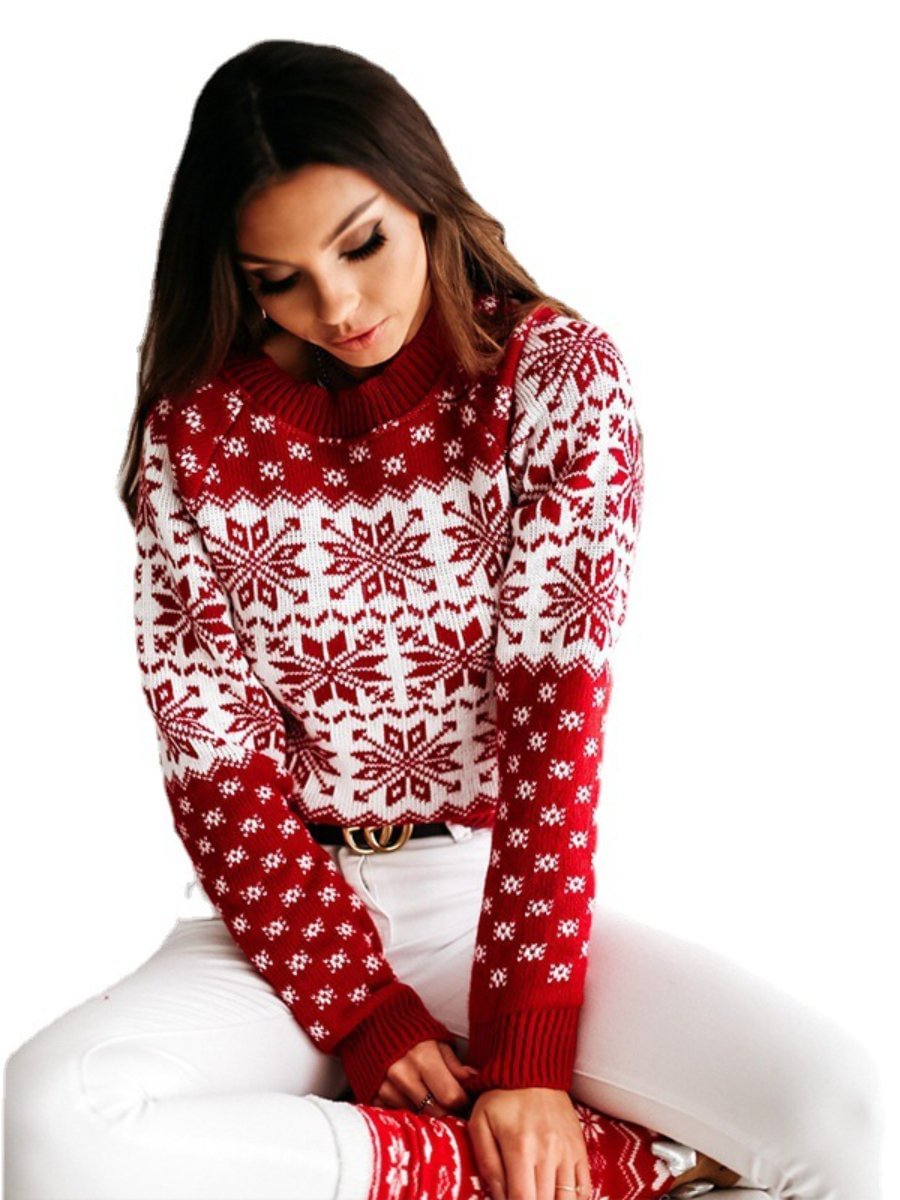 Christmas Sweaters Round Neck Long Sleeve Snowflake Print Knitted Sweater