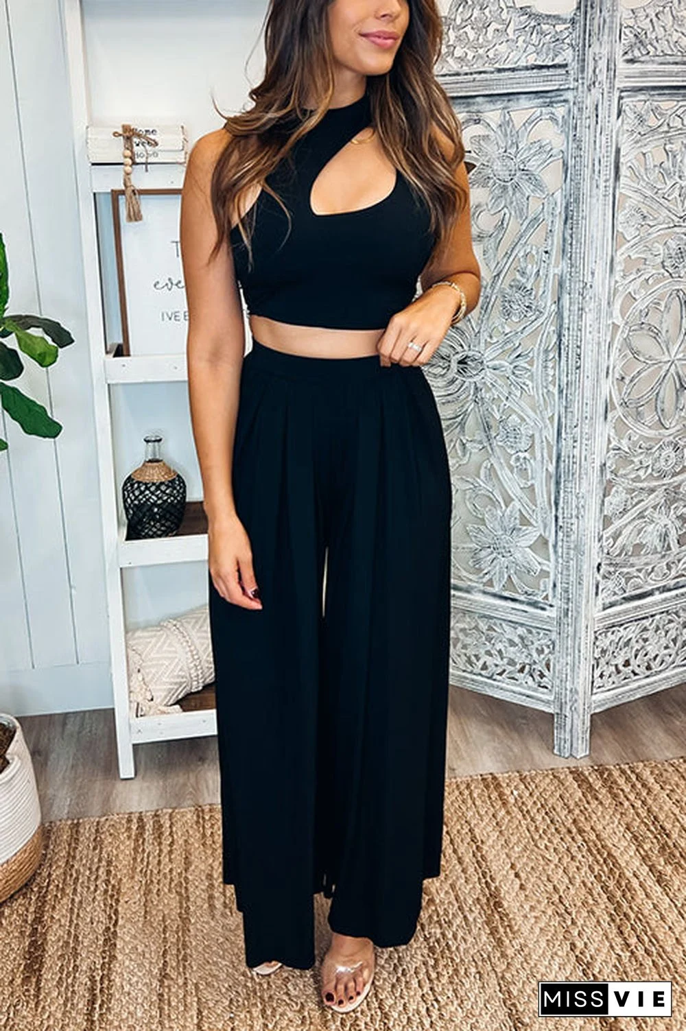 Hollow Out Solid Wide Leg Two Piece Sets