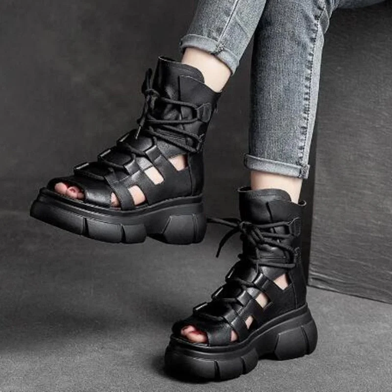 Genuine PU Leather Zip Retro Shoes Women Sandals 2022 New Ankle Boots Summer Handmade Hollow-out Lace-up Casual Platform Sandals