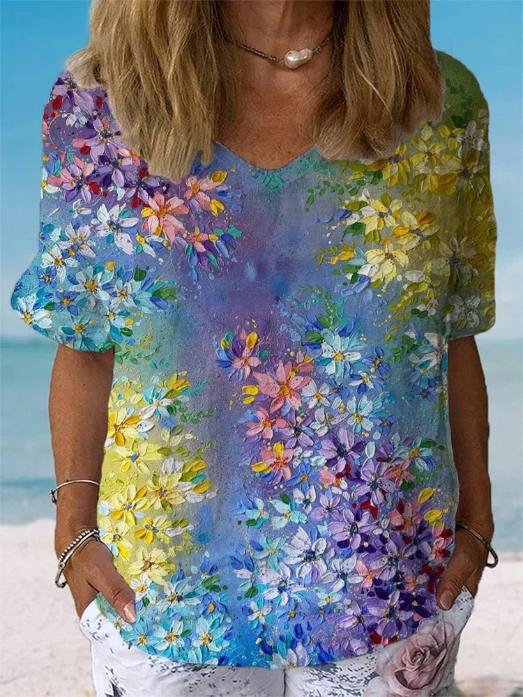 Women's Gradient Oil Painting Flower Art Print Casual Cotton And Linen Shirt