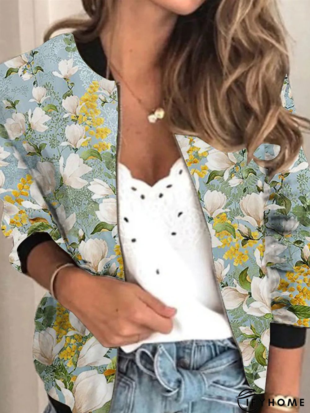 Women Casual Floral Autumn Stand Collar Micro-Elasticity Daily Best Sell Regular H-Line Other Coat | IFYHOME