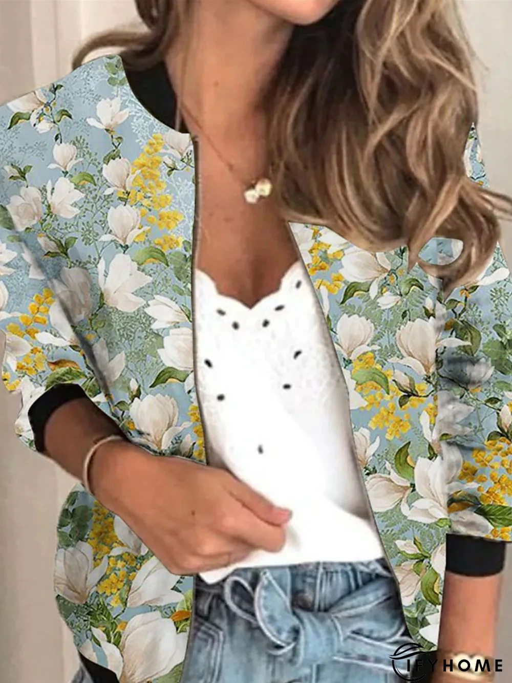 Women Casual Floral Autumn Stand Collar Micro-Elasticity Daily Best Sell Regular H-Line Other Coat | IFYHOME