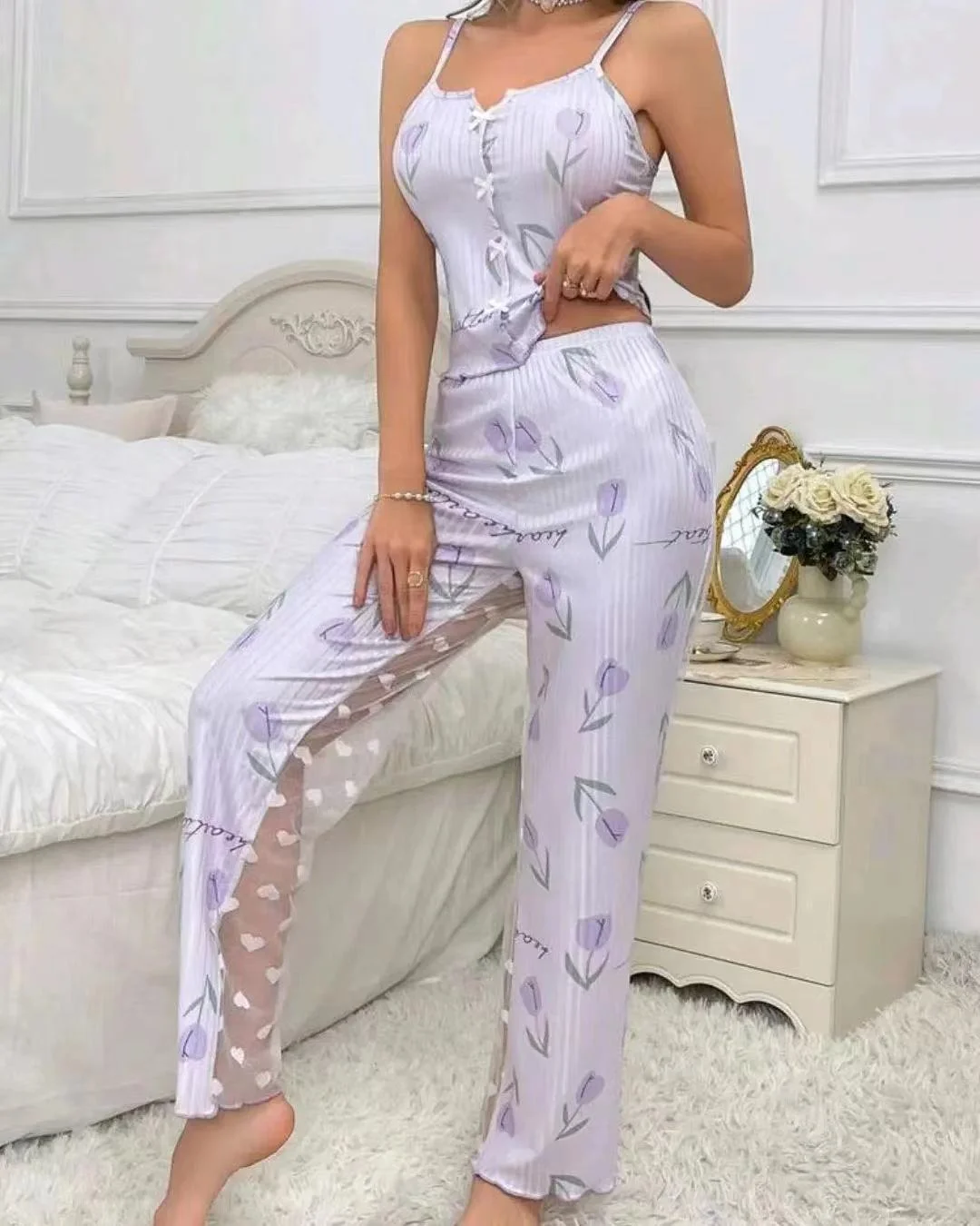 Uveng 2024 Printed Color Impact Printing Mesh Home Clothes Front Lint Front Lint Hanging Pajamas Set