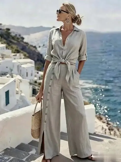 Women'S Casual Solid-Color Shirt And Button-Up Pants Set