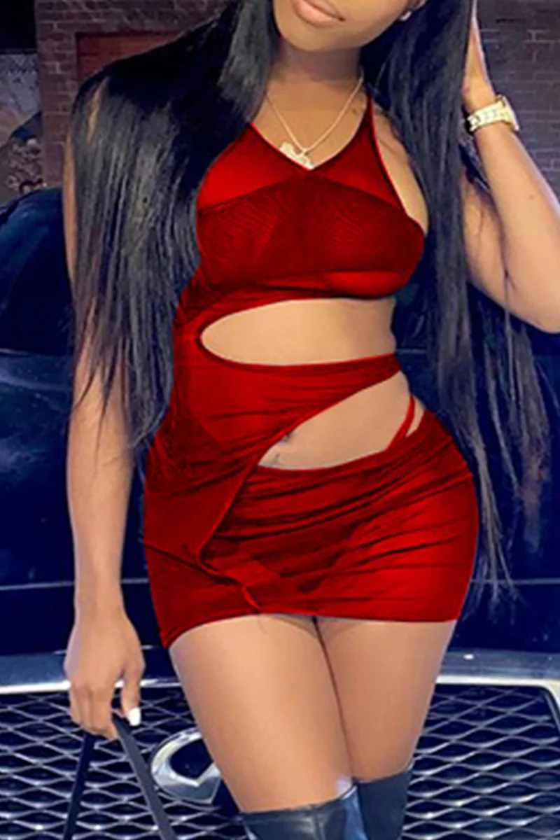 Red Sexy Solid Hollowed Out See-through Asymmetrical V Neck Sleeveless Two Pieces | EGEMISS