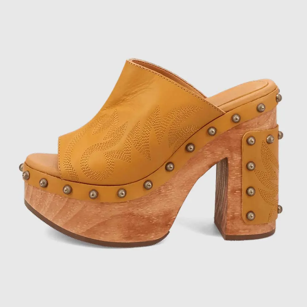 Yellow Faux Leather Peep Toe Embroidered Studded Platform Mules