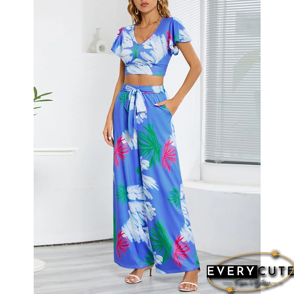 Blue Printed V Neck Crop and Wide Leg Pant Set