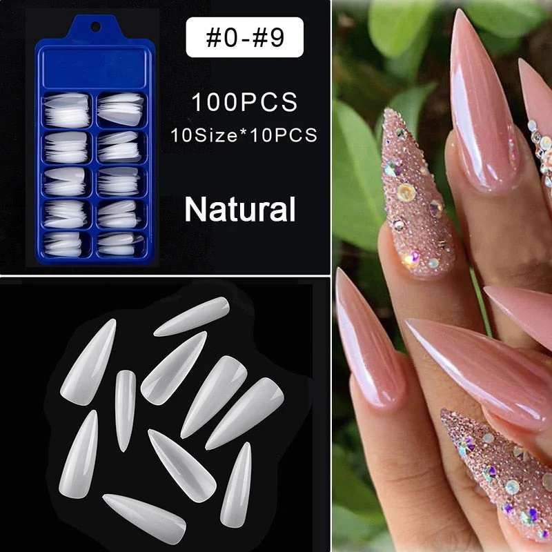 100pcs/set 10 Sizes Full Cover False Nail Tips Ballerina Coffin Fake Nails Square Stiletto French Acrylic Press On Nails-Nail Inspo