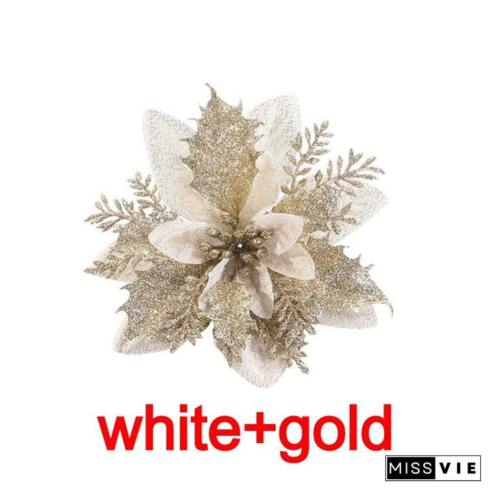 10 Pcs/Set Glitter Christmas Flower Poinsettia Christmas Tree Decorations Ornaments Christmas DIY Craft 11 Colors