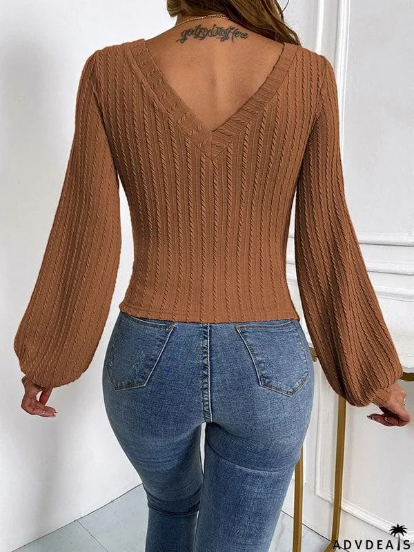 Long Sleeves Puff Sleeves Solid Color V-Neck T-Shirts Tops