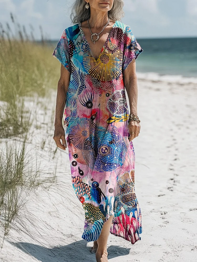 Watercolor Undersea Coral Reef Art Printed Women's Pocket Cotton Dress