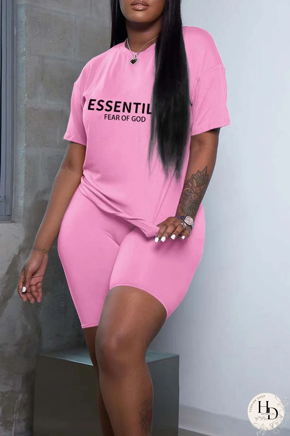 Black Casual Letter Print Solid Basic O Neck Short Sleeve Two Pieces