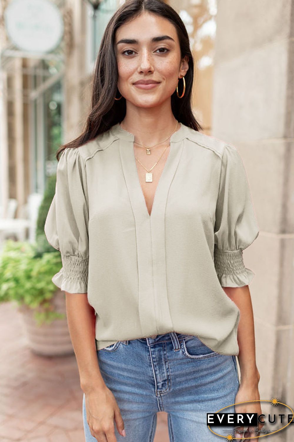 Apricot Solid Color Half Sleeve V Neck Blouse