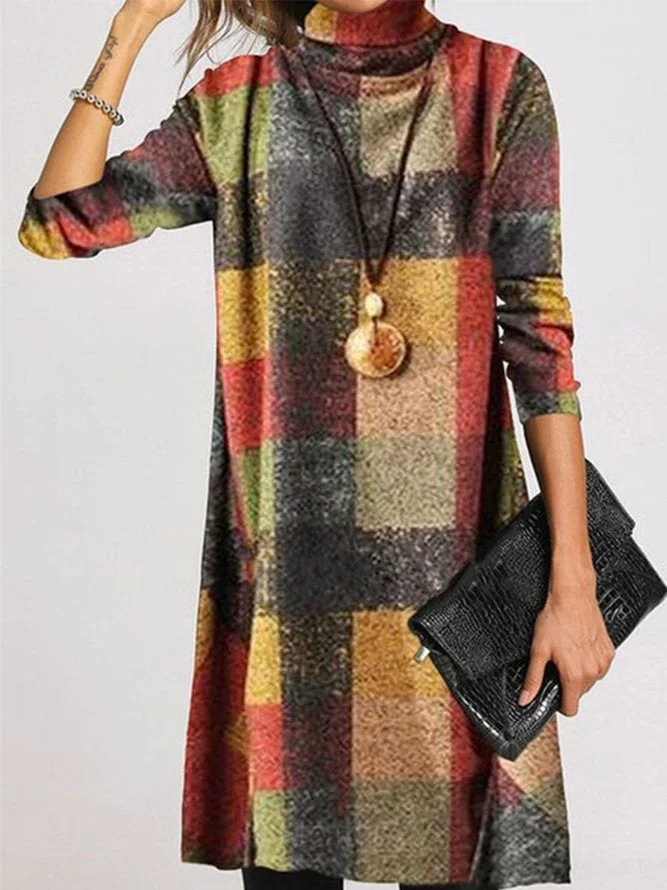 Vintage Plaid Long Sleeve Turtleneck Plus Size Casual Dresses