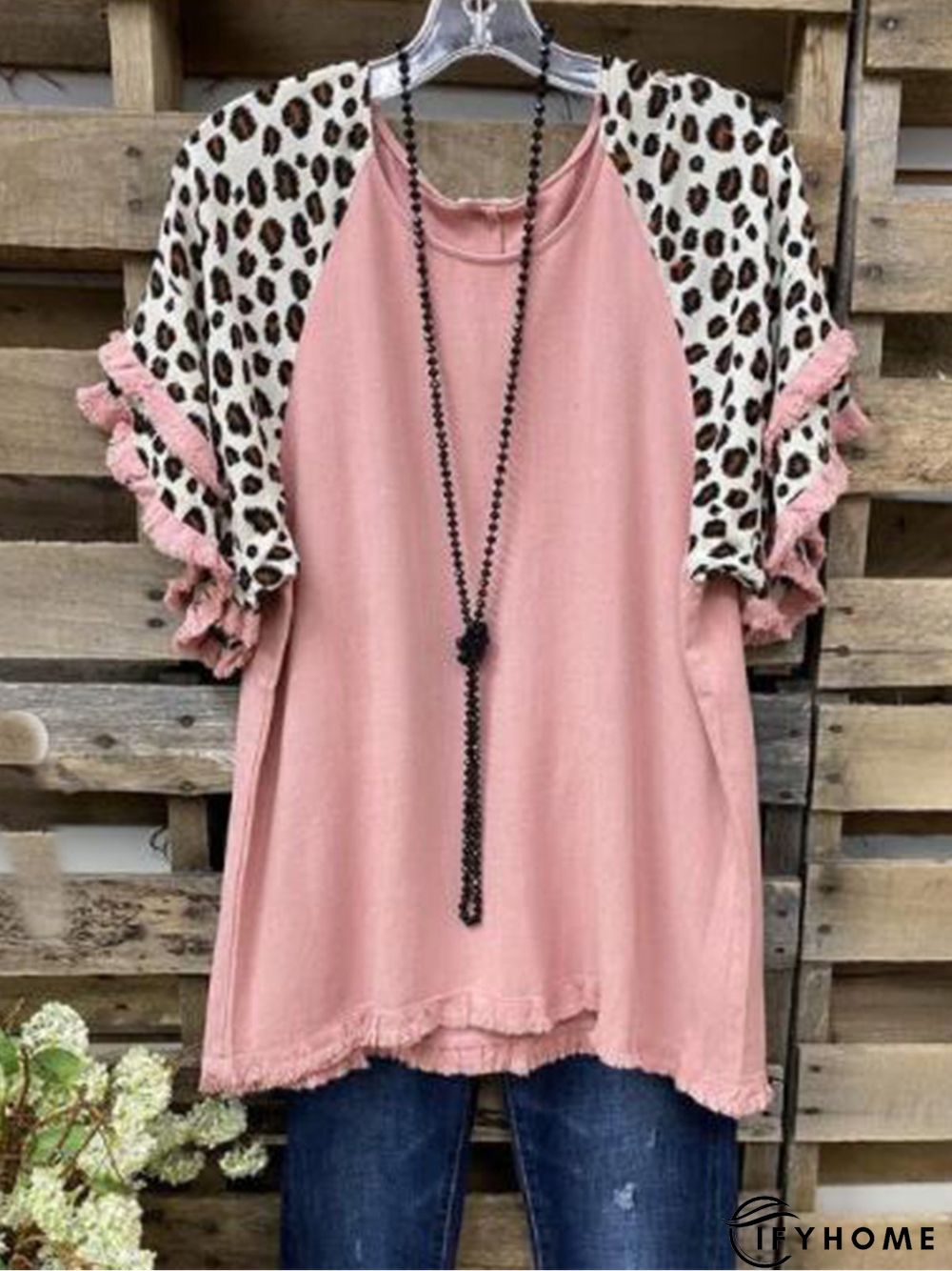 Casual Round Neck Leopard Cotton-Blend T-shirt | IFYHOME