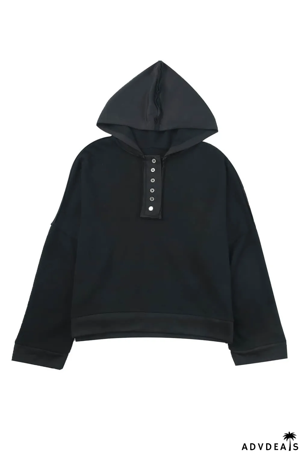 Black Casual Button Solid Patchwork Trim Hoodie
