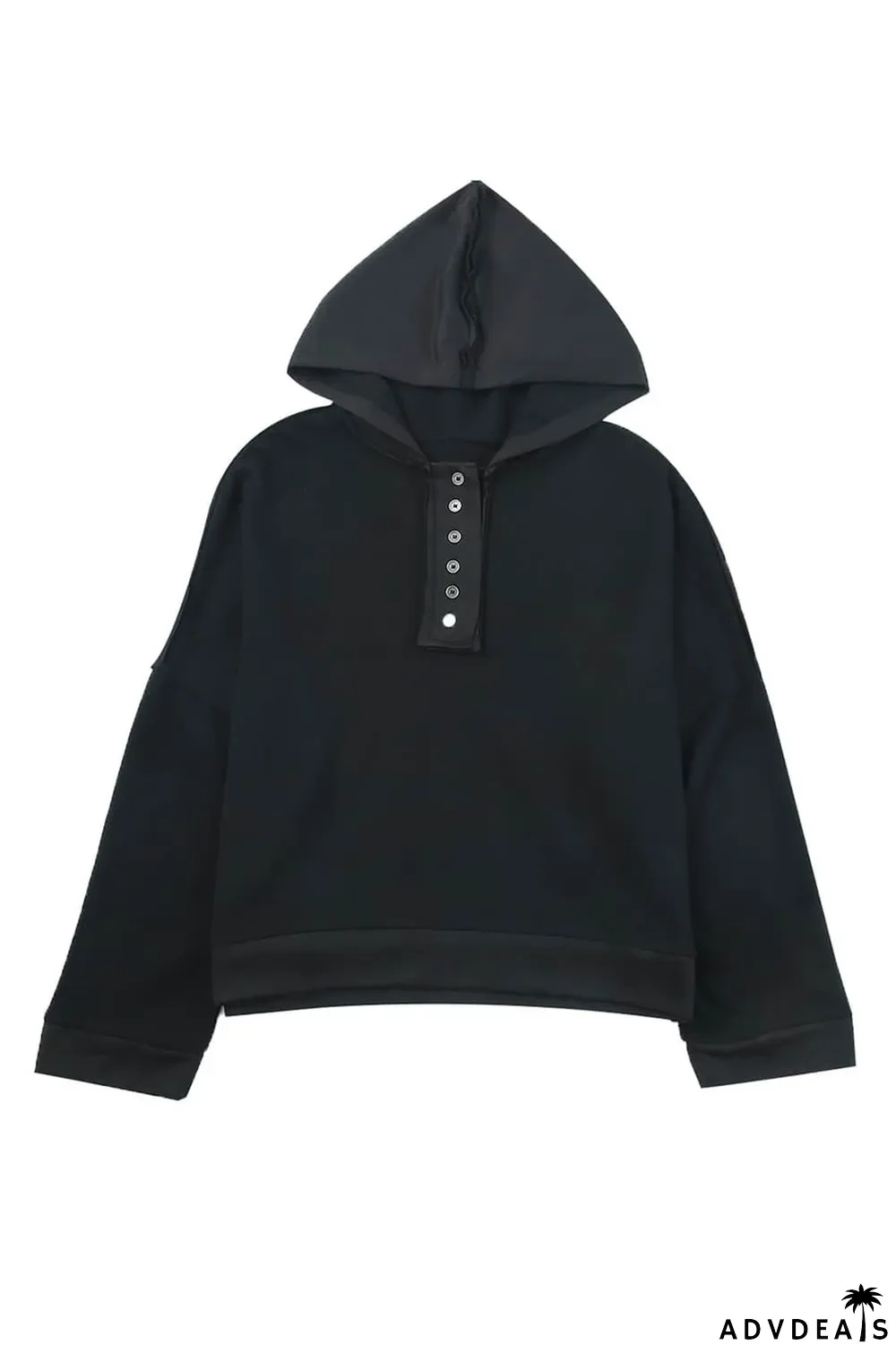 Black Casual Button Solid Patchwork Trim Hoodie