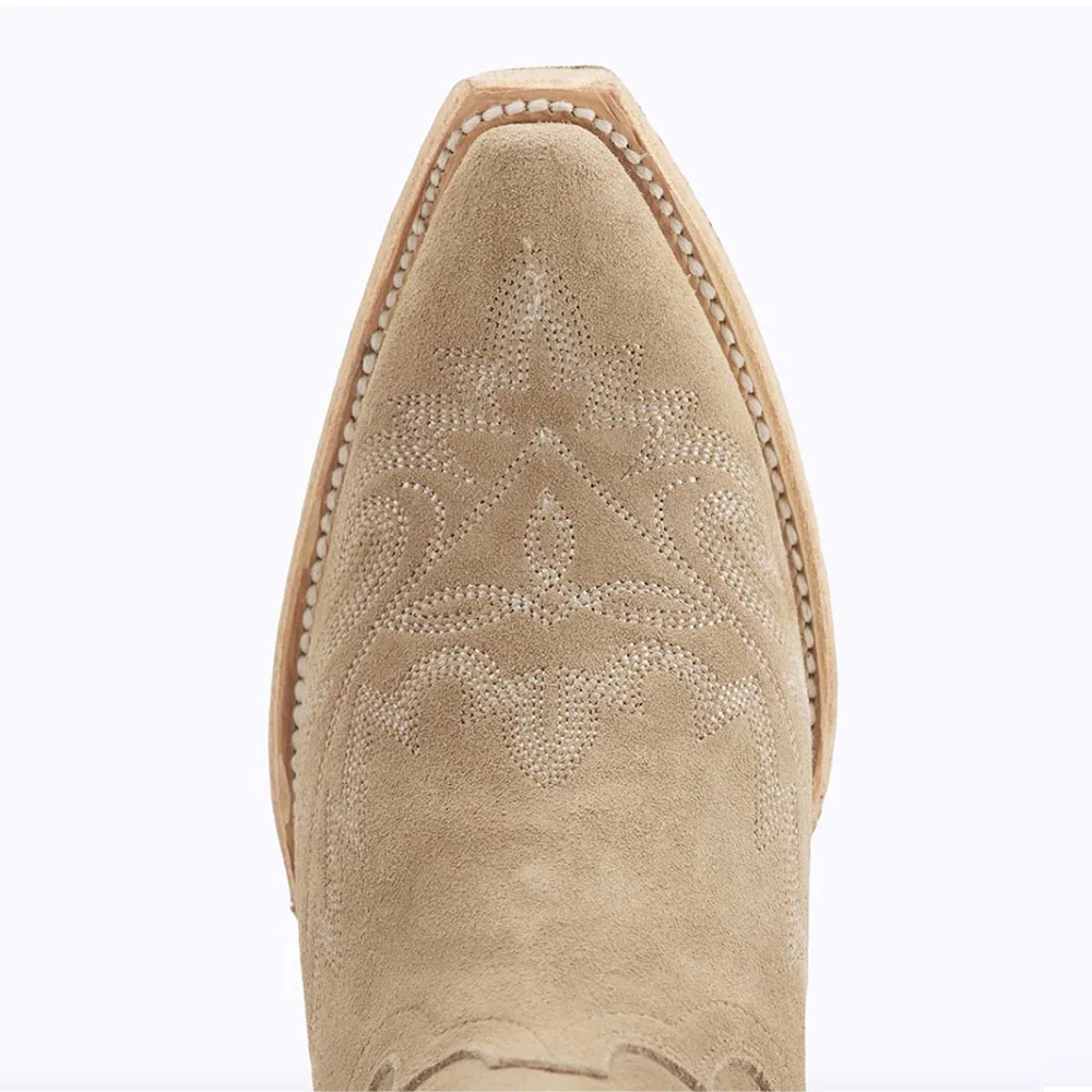 Beige Block Heel Embroidered Snip Toe Short Cowgirl Boots for Women