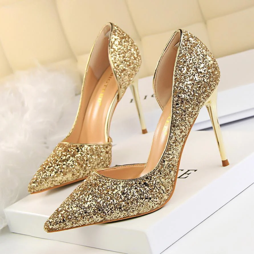 Sexy stiletto high-heeled shallow pointy side hollow sequin single shoes