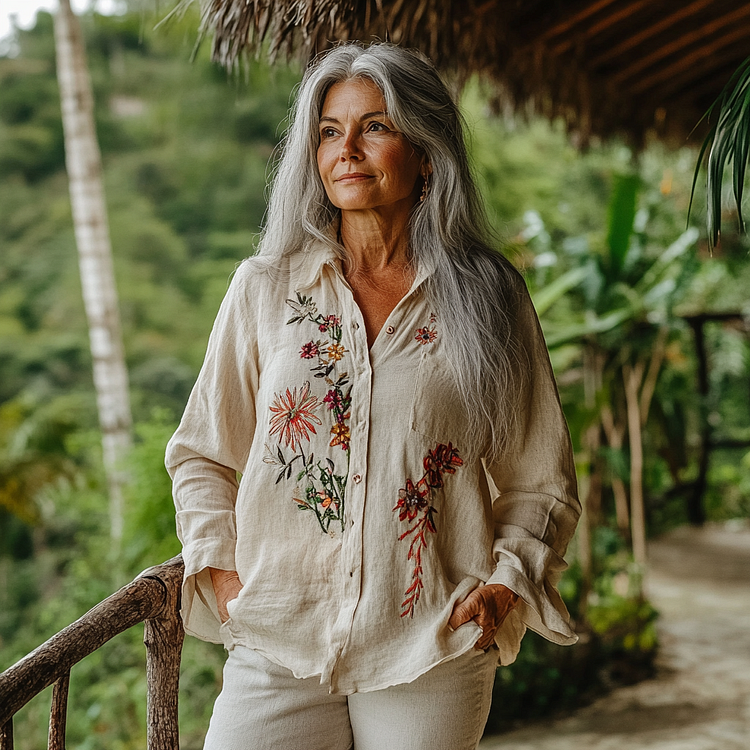 Vintage Bohemian Floral Embroidered Lapel Shirt
