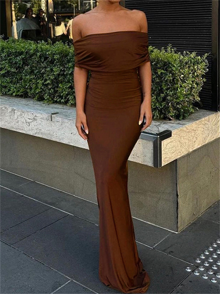 Ootddress Pleated Off-Shoulder Elegant Long Dress For Women Twist Backless Patchwork Fashion Solid Party Dress Summer Maxi Dress New